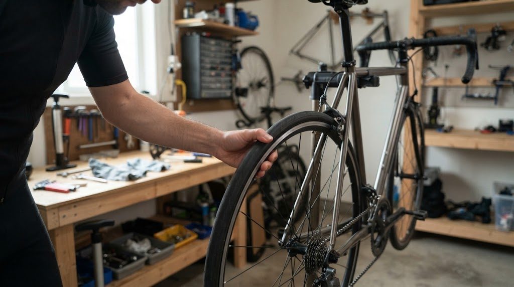 ガレージの作業台の横で、ロードバイクの後輪の細いタイヤの側面を片手の親指で押し、ひび割れや摩耗を確かめている様子。背景には工具や壁掛けの部品が見える