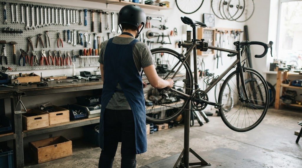 自転車店の整備スペースで、作業スタンドに固定されたロードバイクの前で、ヘルメットとエプロン姿の整備士が後ろ向きに整備している様子。壁の工具掛けにレンチやペンチが並ぶ