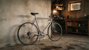 夕方の低い日差しが小窓から入る自宅のガレージで、コンクリートの壁際に銀色の古いロードバイクが置かれ、奥の木の作業棚には工具や缶が並んでいる様子