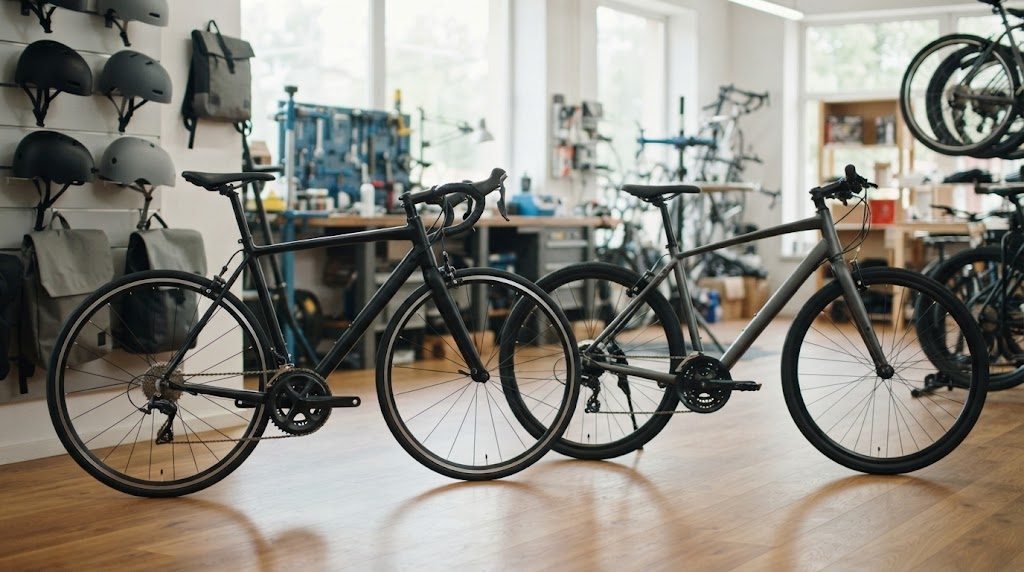 自転車店の明るい店内で、ドロップハンドルの黒いロードバイクと、まっすぐなフラットハンドルのグレーのクロスバイクが並んで展示され、壁にはヘルメットやバッグが掛かっている様子
