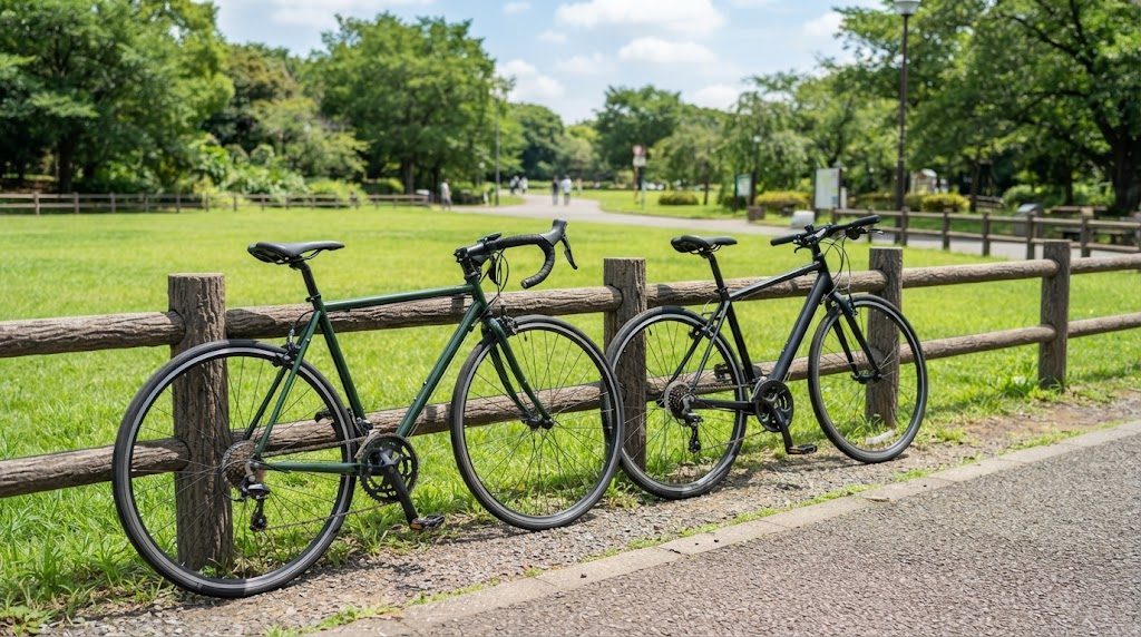 晴れた公園の芝生の脇の木の柵に、緑のロードバイクと黒いフラットハンドルのクロスバイクが並んで立てかけられ、手前に舗装路が通る様子