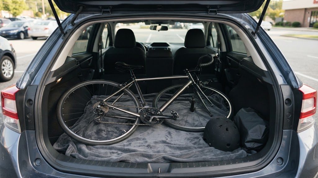ハッチバック車の荷室に灰色の毛布を敷き、ロードバイクが寝かせて積まれ、横にヘルメットと黒い袋が置かれている様子