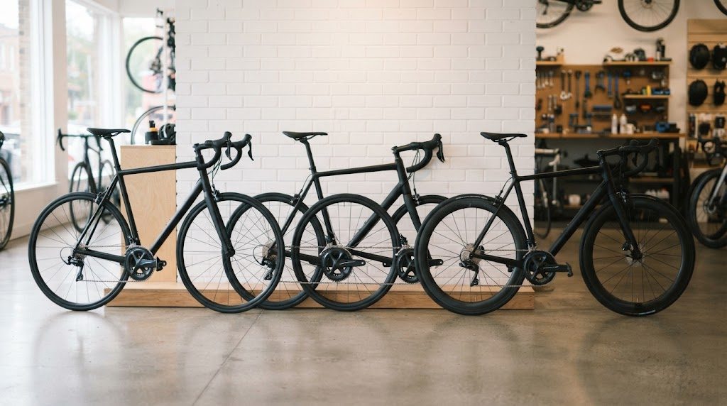 自転車店の明るい店内で、黒いロードバイク4台が白いレンガの壁の前に横一列に並んで展示され、奥には工具やヘルメットの棚が見える様子
