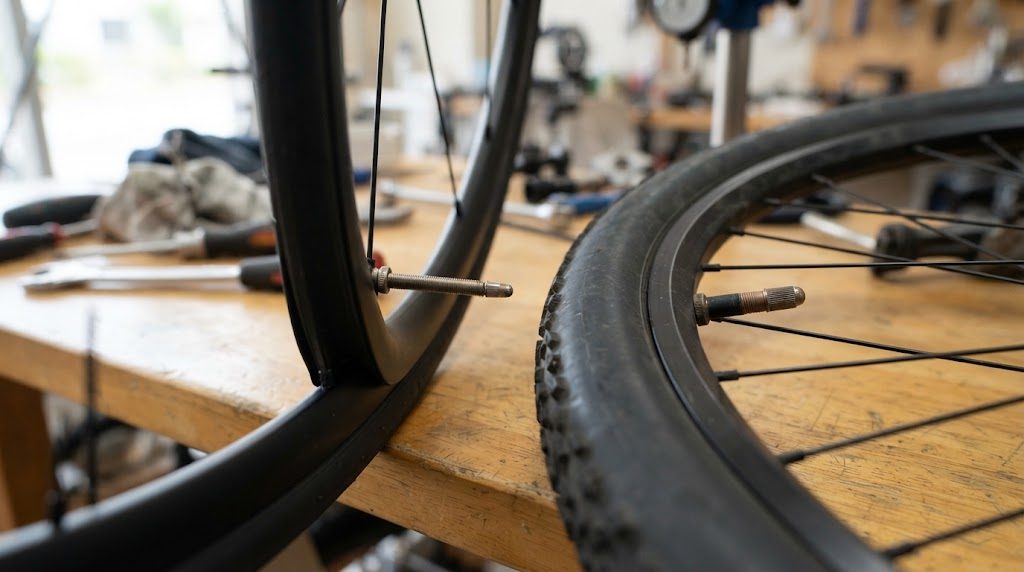 ロードバイクのリムから出る細長い仏式バルブと、隣に並べた太く短い米式バルブの形の違いが分かる接写