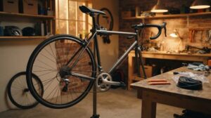 ガレージの作業スタンドに前輪を外したロードバイクが載り、作業台にタイヤレバーと予備チューブが置かれている夕方の様子