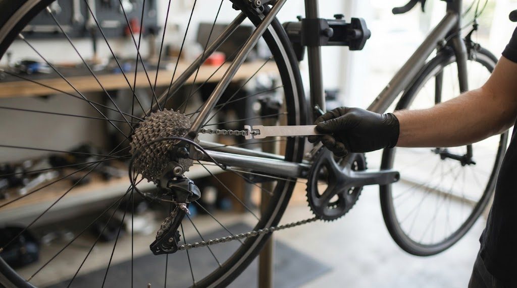 作業スタンドに載ったロードバイクのチェーンに、黒い手袋をした手でチェーンチェッカーの先端を当てて、伸びを測っている手元の接写
