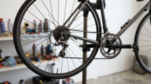 作業スタンドに載ったロードバイクの右側のチェーンと後輪の変速ギアを近くから写し、奥に作業用の缶やブラシがぼけて見える様子