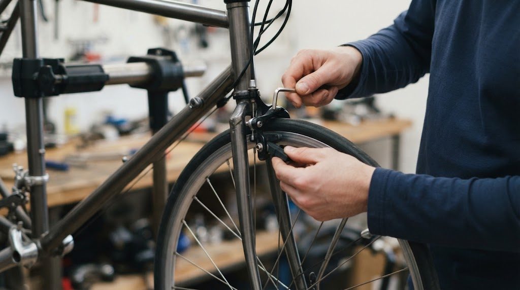 スタンドのロードバイクの前ブレーキで、六角レンチでワイヤーの固定ボルトを回し、反対の手でシューをリムに寄せて引きしろを調整している手元
