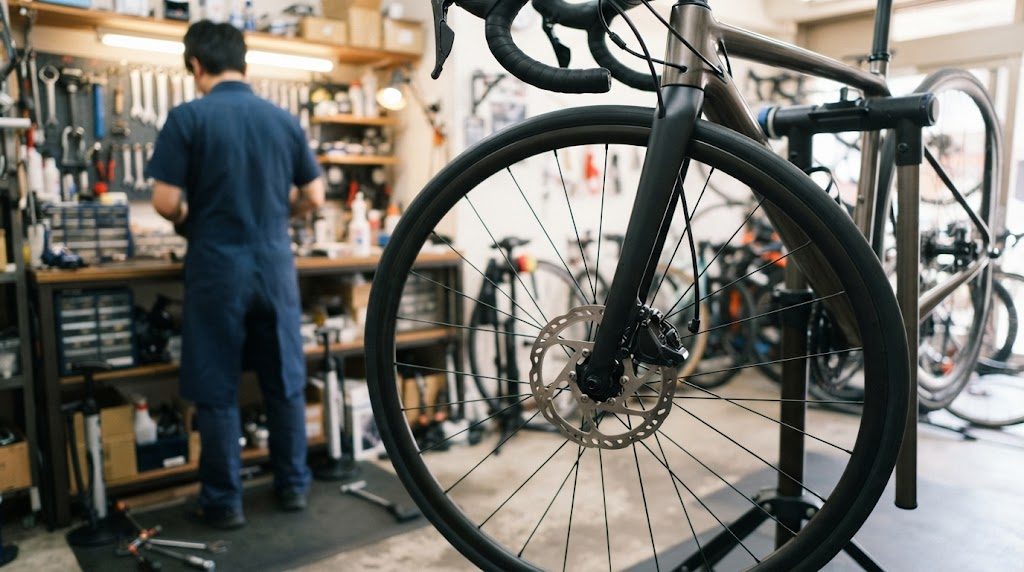 自転車店の整備スペースで、ロードバイクの前輪のディスクローターとブレーキキャリパーが写り、奥で整備士が後ろ向きに立っている様子