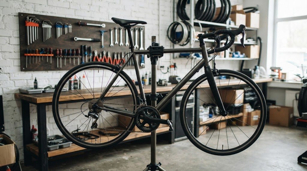 自転車店の整備スペースで、作業スタンドに載ったロードバイクと、壁の工具掛けに並んだ六角レンチなどの工具の様子