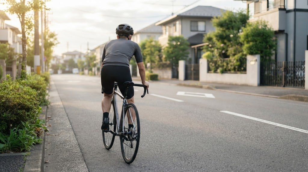 朝の住宅街の車の少ない広い道の左端を、ヘルメットをかぶった人がロードバイクで走る後ろ姿