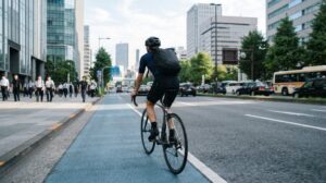 朝のオフィス街の道の左端を、ヘルメットをかぶりリュックを背負った人がロードバイクで通勤している後ろ姿