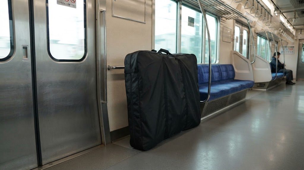 電車の車内のドア横の端の隅に、完全に袋に収められた自転車が立てて置かれている様子