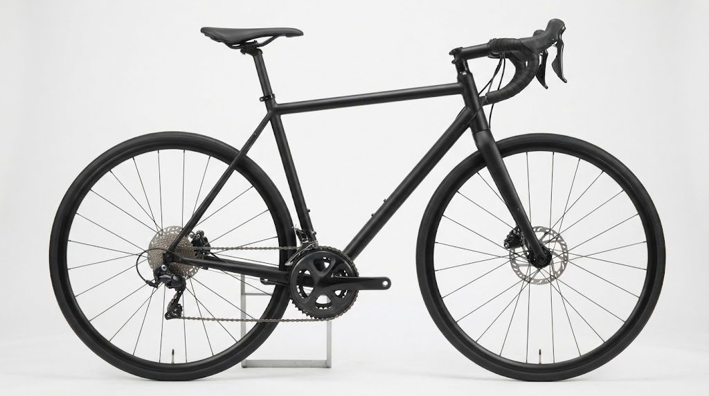 白い背景の前に置かれた黒いロードバイクの真横からの全体像。ドロップハンドル、前後同じ大きさのスポークホイール、ディスクブレーキが見え、サドルとハンドルの位置関係が分かる