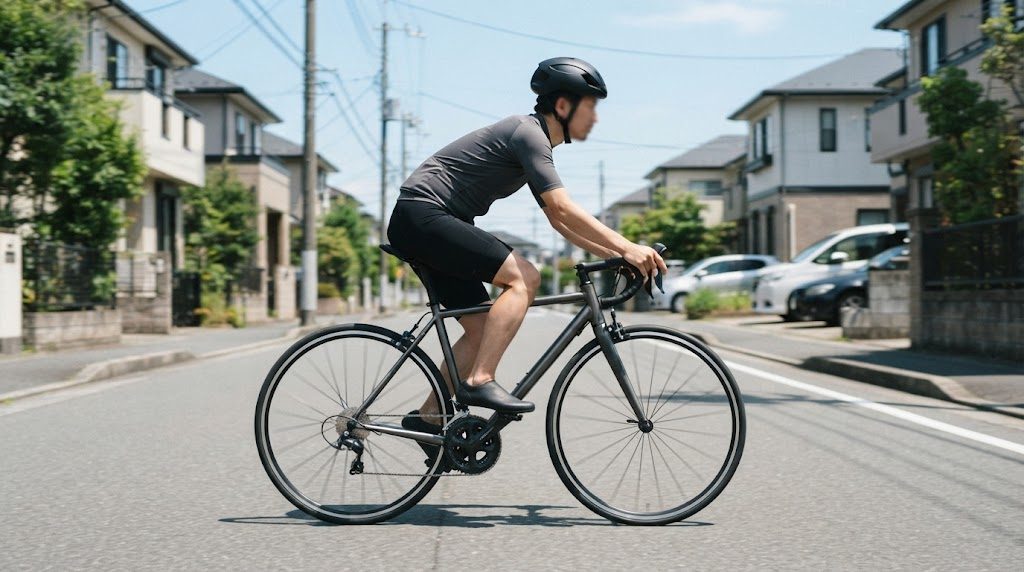 住宅街の道で、ヘルメットをかぶった人がロードバイクのブラケット付近に手を置き、ひじを軽く曲げて前傾して走っている様子を真横から写したもの