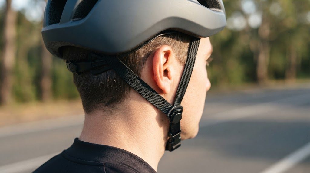 屋外で、ヘルメットをかぶった人の耳の後ろから首元の接写。あごひもが耳の下で前後に分かれ、顎の下のバックルで留められている様子。背景は道路と木々