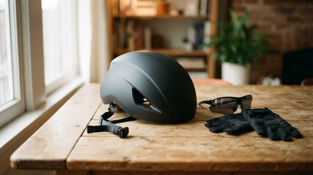 窓際の古い木のテーブルに、つや消しのグレーのロードバイク用ヘルメットが置かれ、あごひもが手前にたれ、横にサングラスと黒いグローブがある様子。奥には本棚と観葉植物が見える
