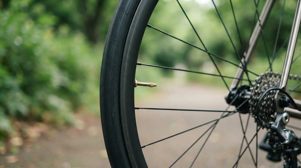 ロードバイクの後輪のリムから、細長い金属の仏式バルブが中心側に向かって出ている接写。奥には変速ギアとリアディレイラーが右側に見える様子