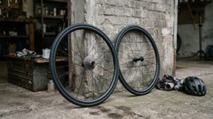 古いレンガの柱に、ロードバイクの後輪(変速ギアの付いたもの)と前輪の2本が立てかけられ、横の作業台や床にはウエスや黒いヘルメットが置かれたガレージの様子