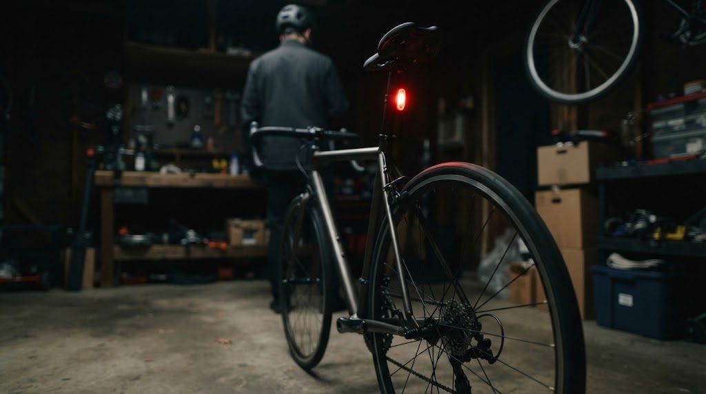 暗いガレージで、ロードバイクのシートポストに付いた小さなテールライトが後ろ向きに赤く点灯している様子。背景に作業棚と、ヘルメットを着けた人の後ろ姿が見える
