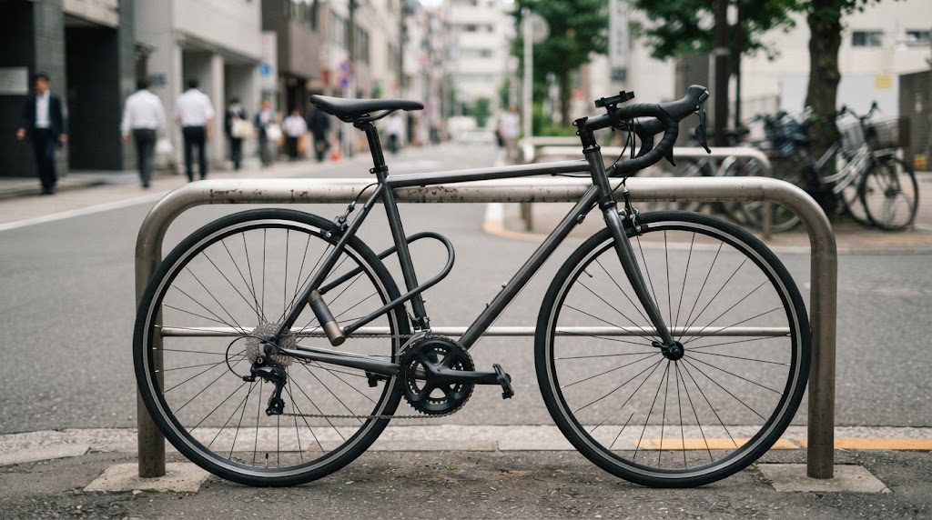 昼間の街角の駐輪ラックに、ロードバイクが大きなU字ロックでフレームと後輪を固定されて停められ、ハンドルにはライトの台座だけが残っている様子。背景に歩行者や他の自転車が写る