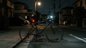 夜の住宅街の街灯の下、誰もいない道に停められた黒いロードバイクの前ライトが白く、後ろのライトが赤く点灯し、ヘルメットがサドル付近に掛かっている様子