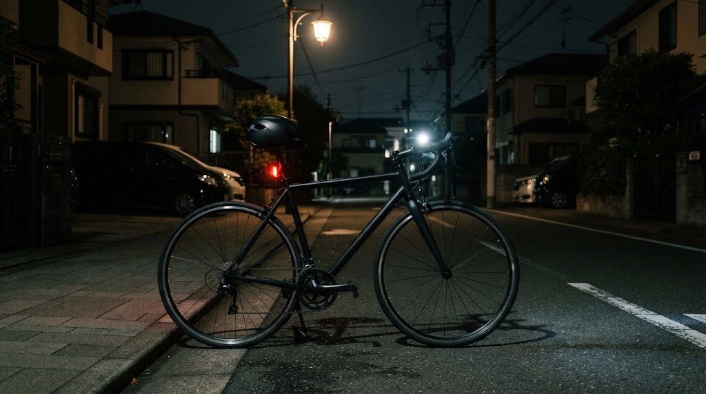 夜の住宅街の街灯の下、誰もいない道に停められた黒いロードバイクの前ライトが白く、後ろのライトが赤く点灯し、ヘルメットがサドル付近に掛かっている様子
