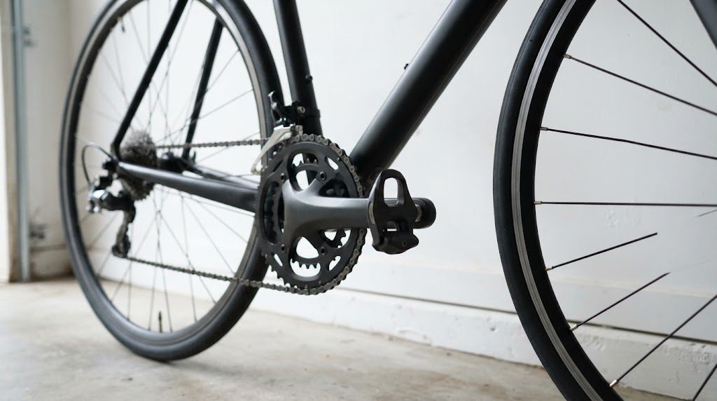ロードバイクの右側のクランクに付いた、黒い三角形のロード用ビンディングペダルの接写。クランクとチェーンリング、後輪の変速ギアも写る様子
