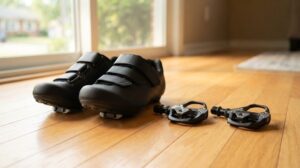 明るい窓辺の木の床に、黒いビンディングシューズ1足(靴底にクリート付き)と、ロード用のビンディングペダル1組が並べて置かれている様子