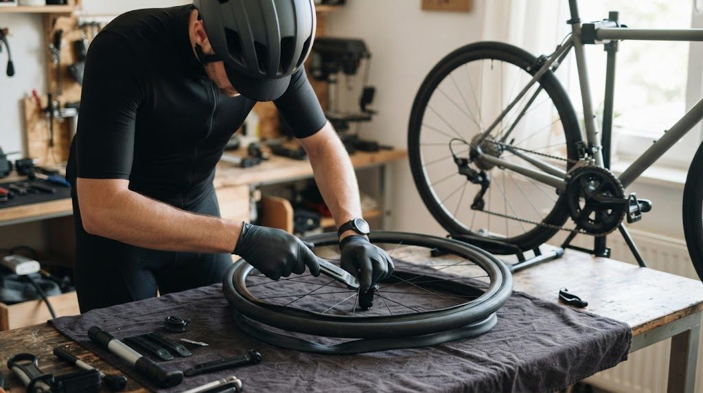 自宅の作業机の灰色の布の上で、ヘルメットを着けた人がホイールのタイヤにタイヤレバーを差し込んでチューブ交換の練習をしている様子。手前に工具が並び、奥にスタンドに載ったロードバイクが見える