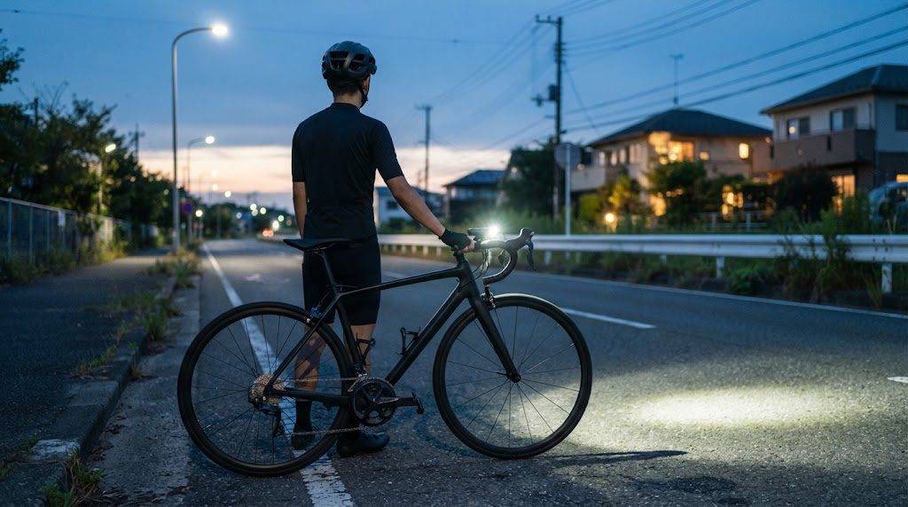 夕暮れの郊外の道路の左端の路肩で、ロード用ヘルメットをかぶった人が後ろ向きにロードバイクの横に立ち、片手でハンドルを持つ。車体の前ライトが白く点灯して、前方の路面を丸く照らしている様子
